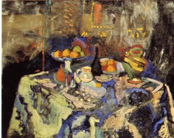 still life with blue tablecloth